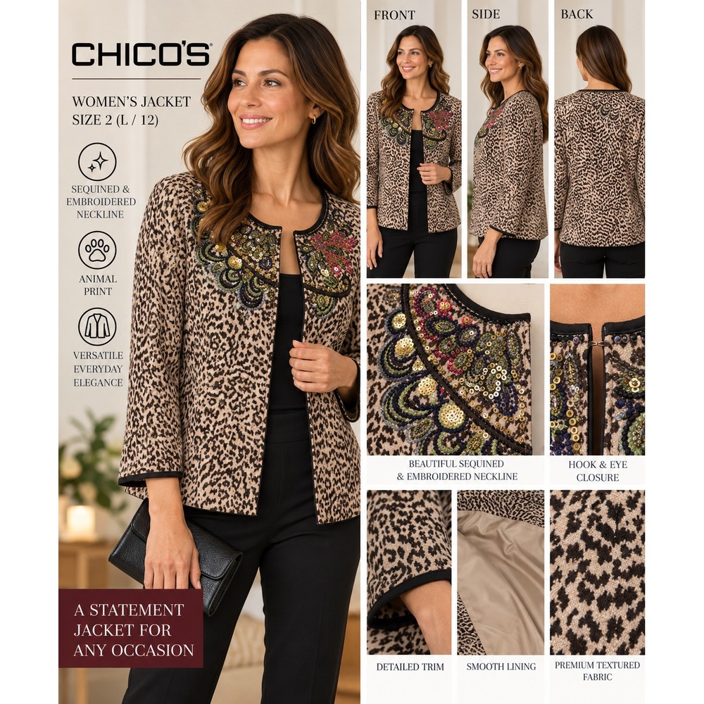 Chicos Jacket Womens 2 (L/12) Animal Print Sequin Embroidered Floral Lined